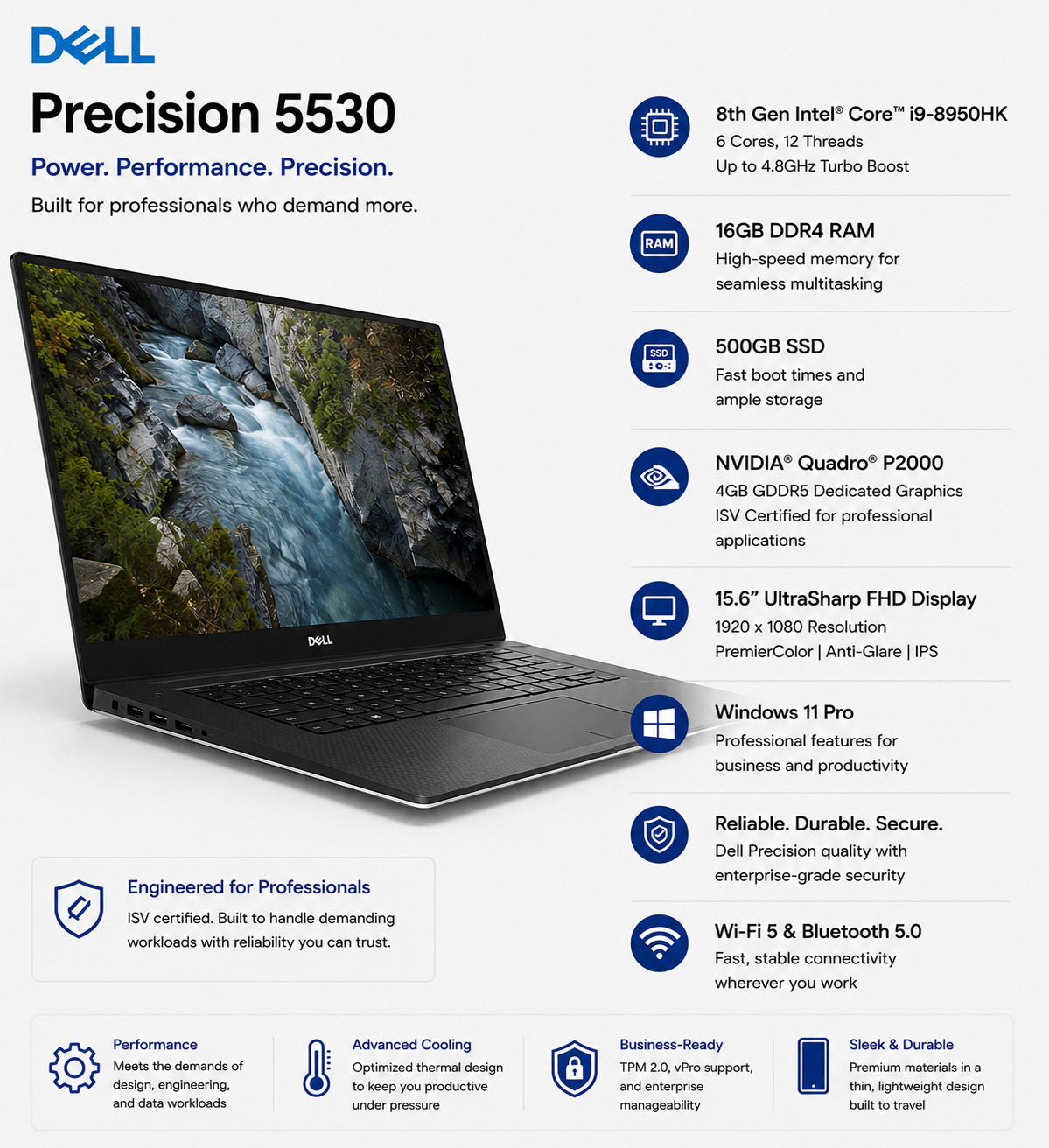Dell Precision 5530 15.6″ i9-8950HK 16gb Ram 500gb SSD Quadro P2000 W11P