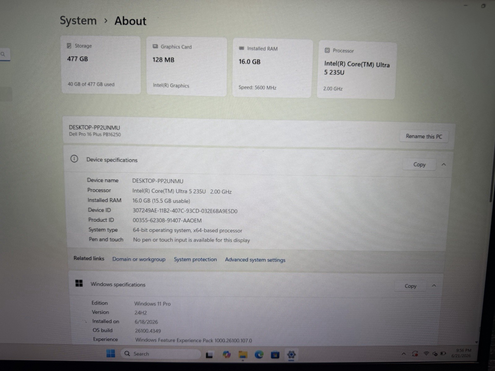 Dell Pro 16 Plus PB16250 Ultra 5 235U 16GB 477GB SSD 16″ W11P Silver