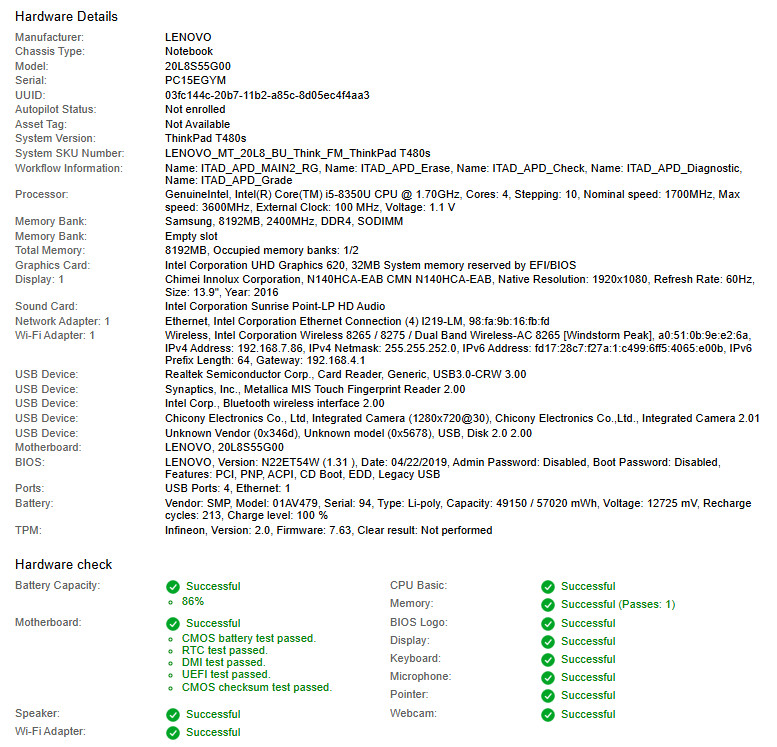 Lenovo ThinkPad T480s, i5-8350U CPU, @ 1.70GHz, 8GB RAM-No HDD/OS/Charger