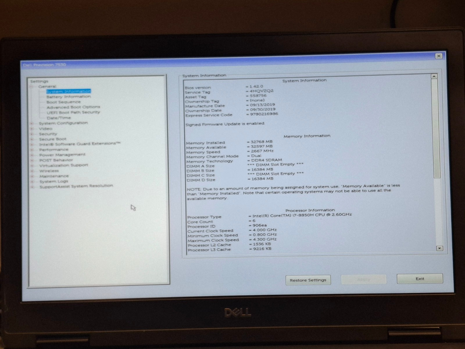 Dell Precision 7530 i7 8850H @ 2.60 GHz 256GB SSD 32 GB 15.6″ FHD Win 11 Pro