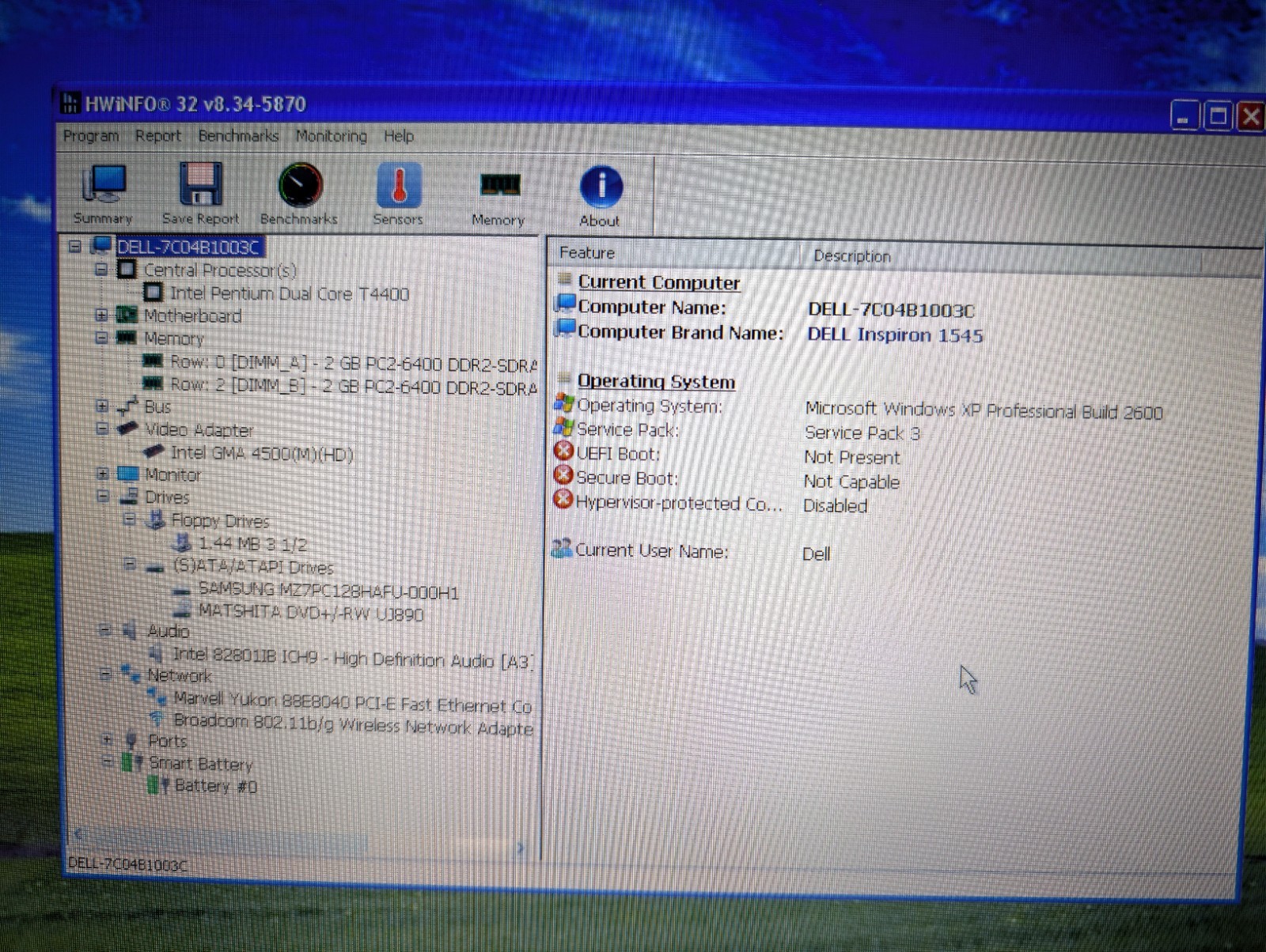 DELL INSPIRON 1545 | PENTIUM DUAL CORE T4400 4GB RAM 128GB SSD | HD WIN XP | DVD