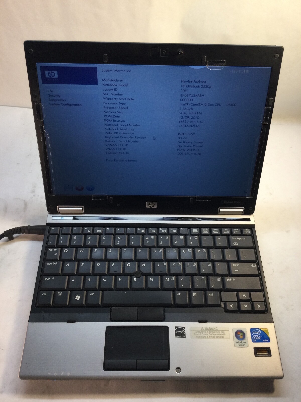 HP EliteBook 2530P 12″ Laptop Intel Core 2 Duo -BOOTS TO BIOS – MZ