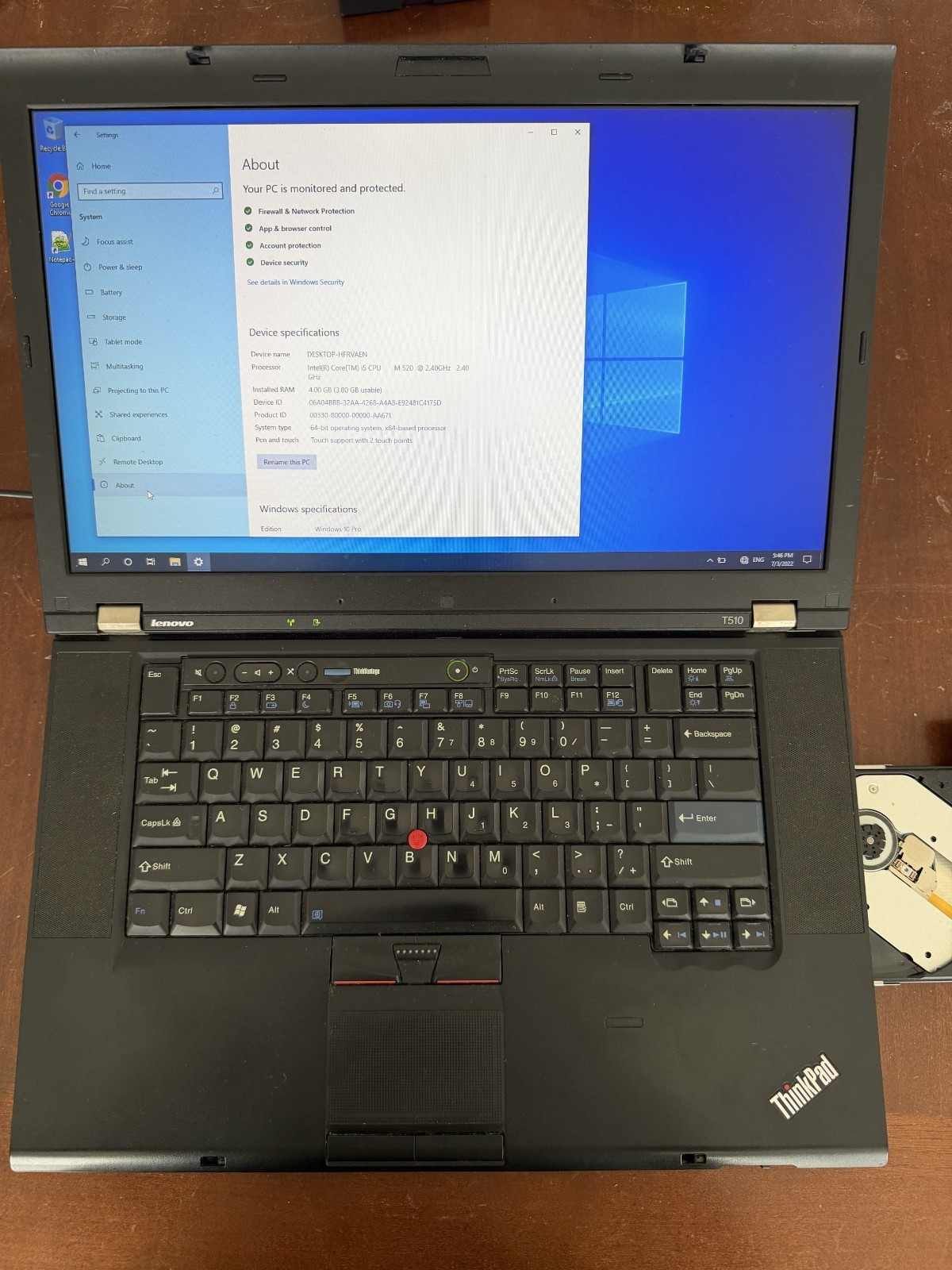 Lenovo ThinkPad T510 15.6″ i5-M520 2.40Ghz 4GB SSD 128GB DVDRW Windows 10