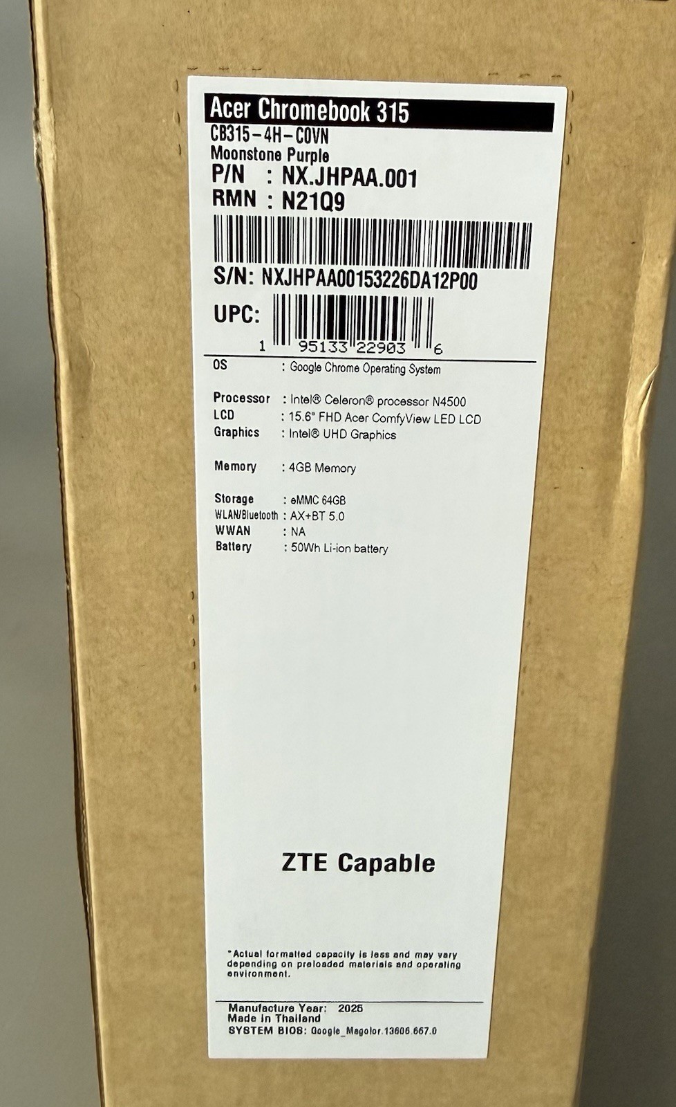 Acer Chromebook 315 Moonstone Purple 15.6” N4500 — New Factory Sealed — 4GB 64GB