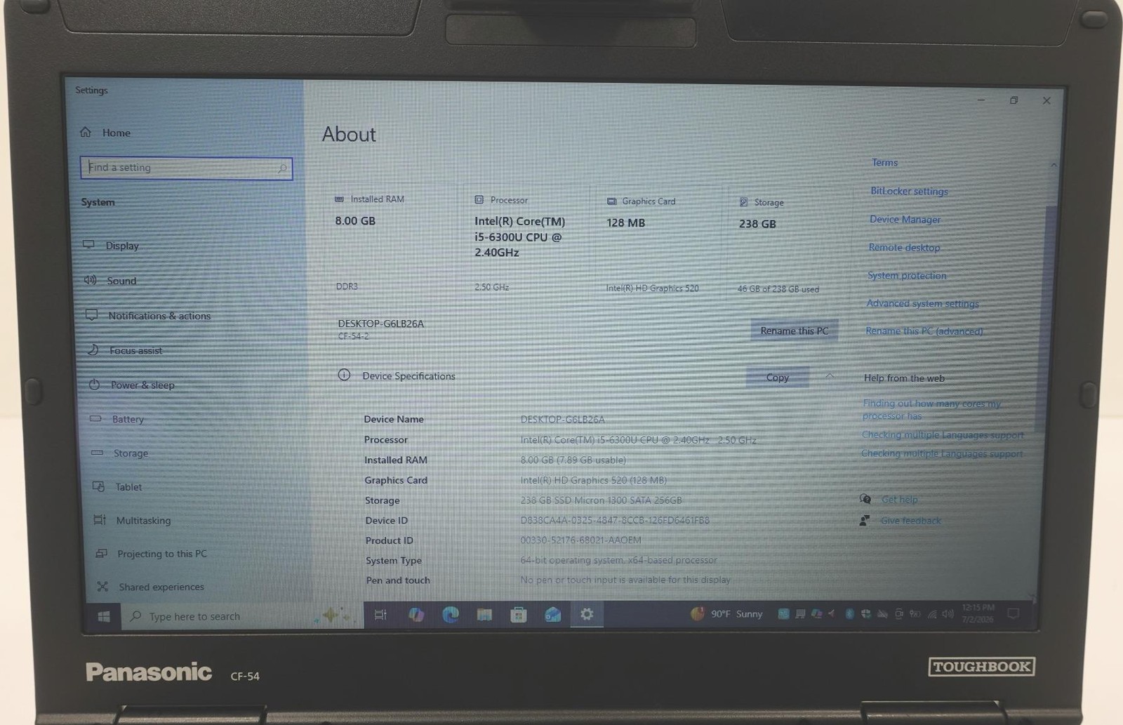 Panasonic Toughbook CF-54 Core i5-6300U 2.40GHz 8GB 256GB Non Touch