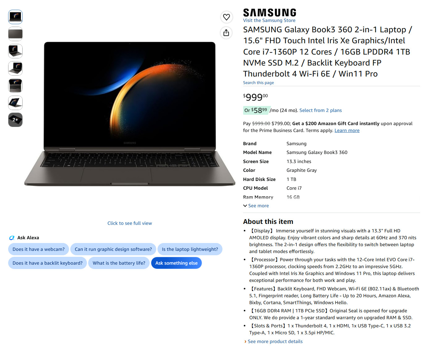 Samsung Galaxy Book3 360 2-in-1 15.6 FHD HDR I7-1360P 16Gb 1Tb NVMe NP750QFG