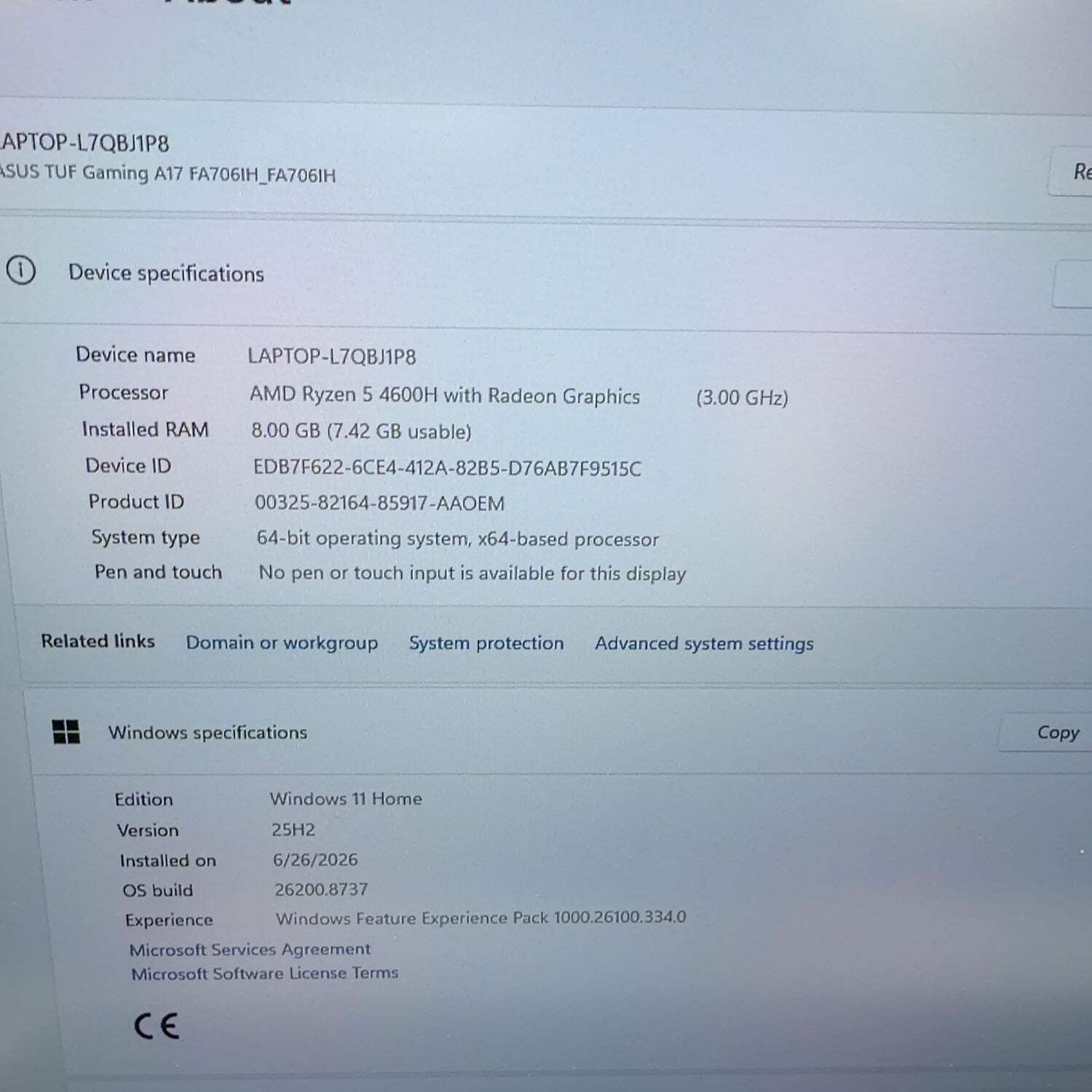Asus TUF A17 FA706IH 17.3″ Ryzen 5 4600H 8GB RAM 512GB GeForce GTX 1650 READ