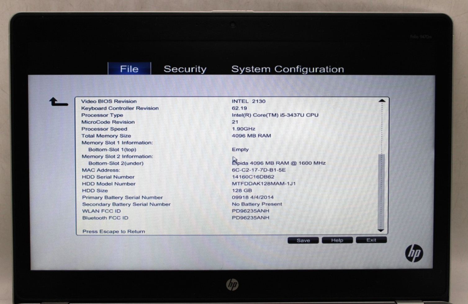 HP EliteBook Folio 9470m-i5-3437U@1.9GHz-4GB RAM-NO STORAGE/OS *USED*