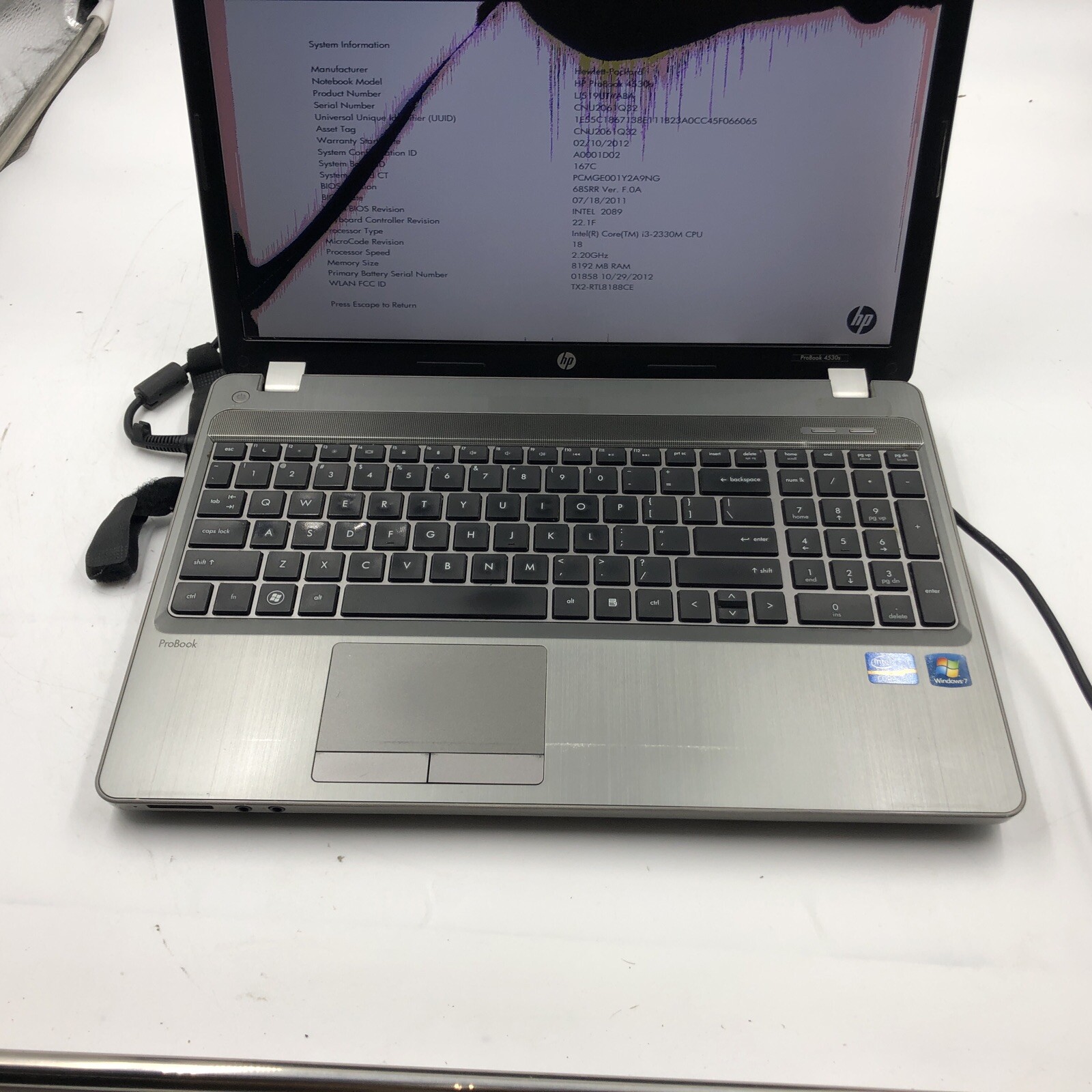 HP Probook 4530S Laptop Intel i3-2330M 2.2GHZ 8GB NO HDD/OS Cracked Screen