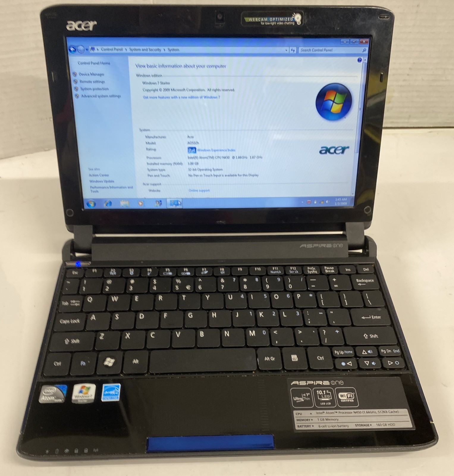 Acer Aspire One Netbook 10.1″ Intel Atom 1GB RAM 200GB HDD Windows 7 Starter