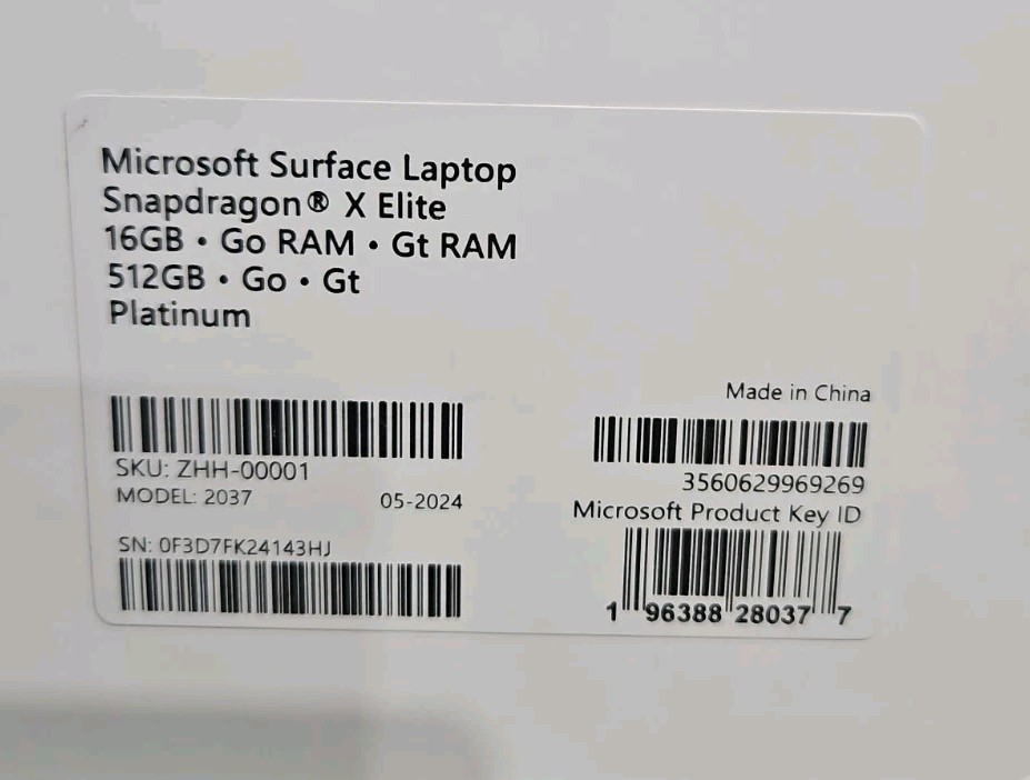 Microsoft 2037 Surface Laptop Snapdragon X Elite 16GB Go RAM GT RAM 512GB