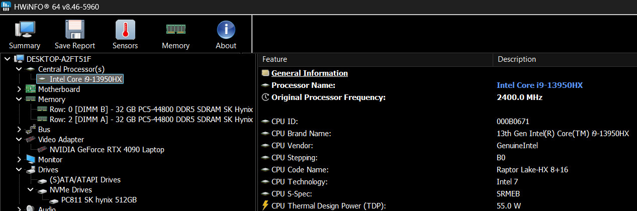 Dell Precision 7680 16″ | i9-13950HX | RTX 4090 16GB | 64GB DDR5 SO-DIMM | 512GB
