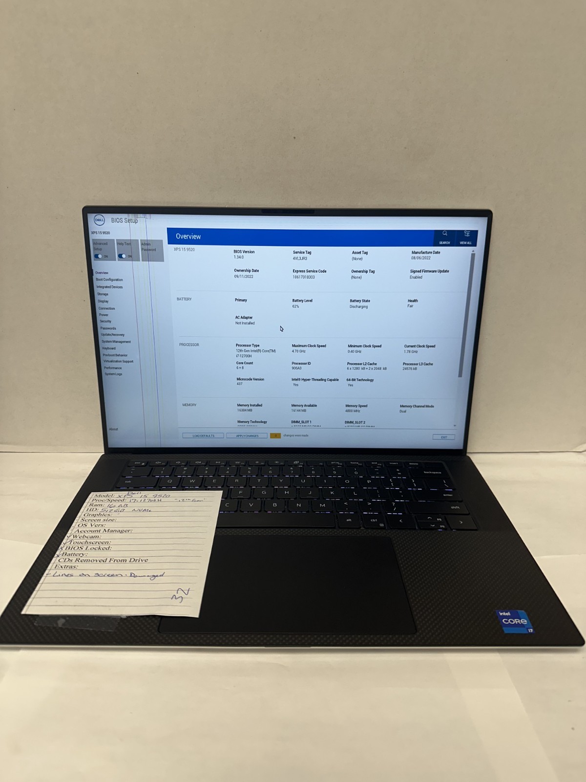Dell XPS 15 9520 i7-12th Gen/16GB RAM/512GB NVME (No OS or Charger) Read Desc.
