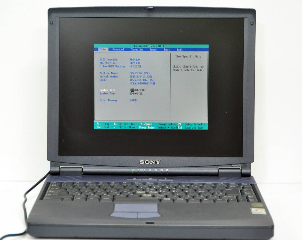 SONY PCG-FX33V BP Celeron 900MHz memory 128MB HDD 40GB BIOS confirmation