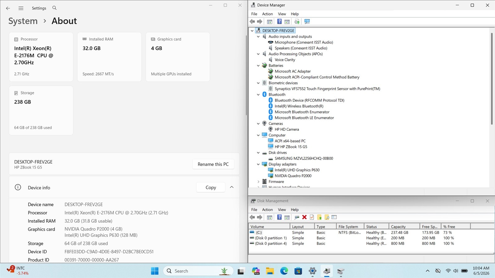 HP ZBook 15 G5 Workstation Xeon E-2176M 32GB 256GB NVMe Quadro P2000 W11Pro *A/C