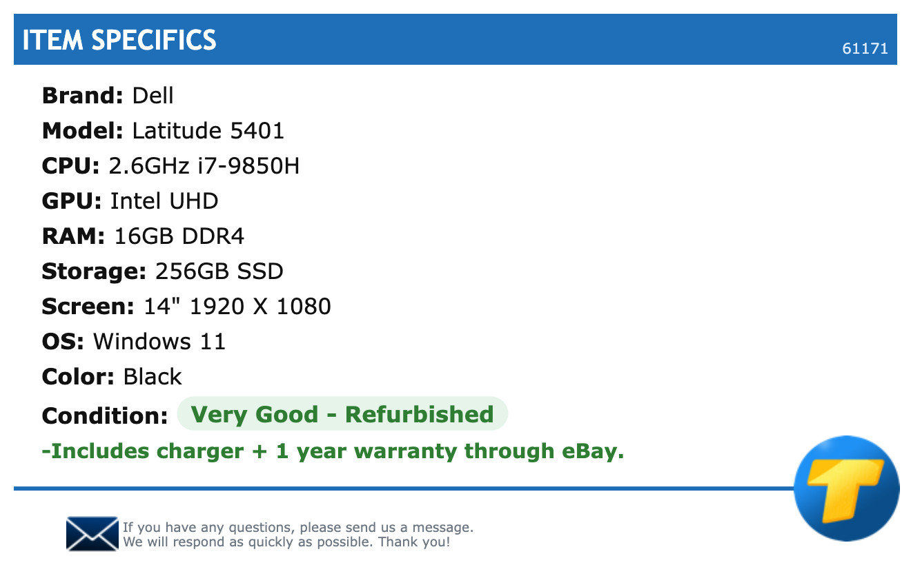 Dell Latitude 5401 – 14″ FHD, 2.6GHz i7, 16GB RAM, 256GB SSD, Windows 11