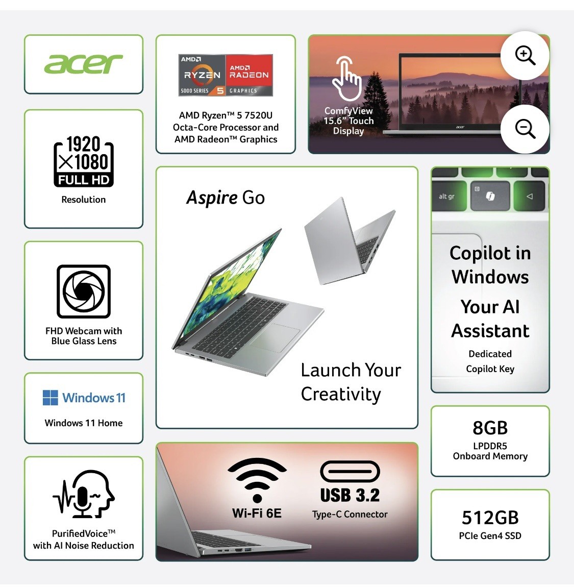 Acer Aspire Go 15.6” FHD Touchscreen Laptop, Ryzen 5 7520U, 8GB RAM, 512GB SSD