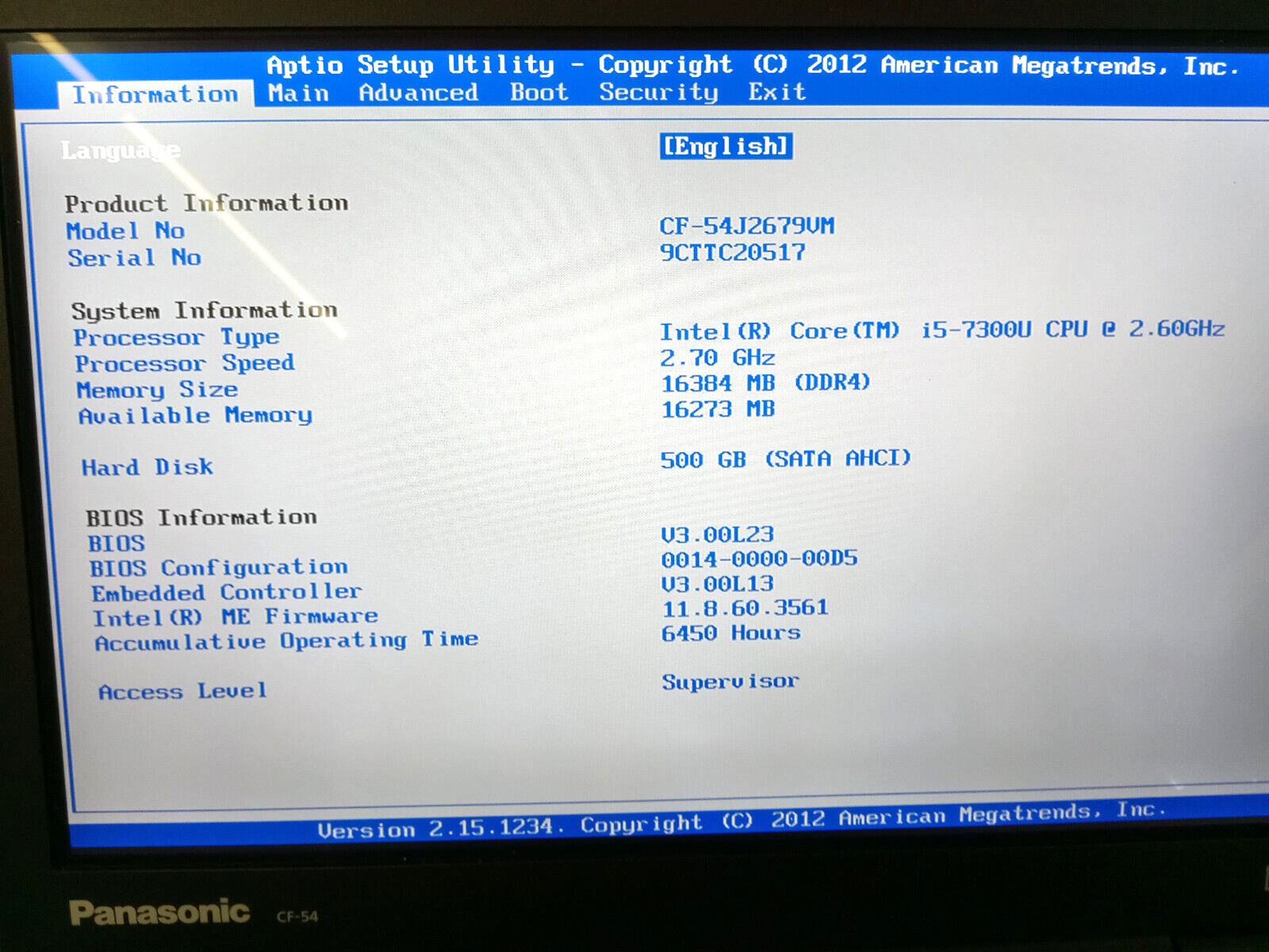 PANASONIC TOUGHBOOK CF-54 MK3 2.60GHz i5-7300 NEW EVO 500GB SSD, 16GB, WEBCAM 4G