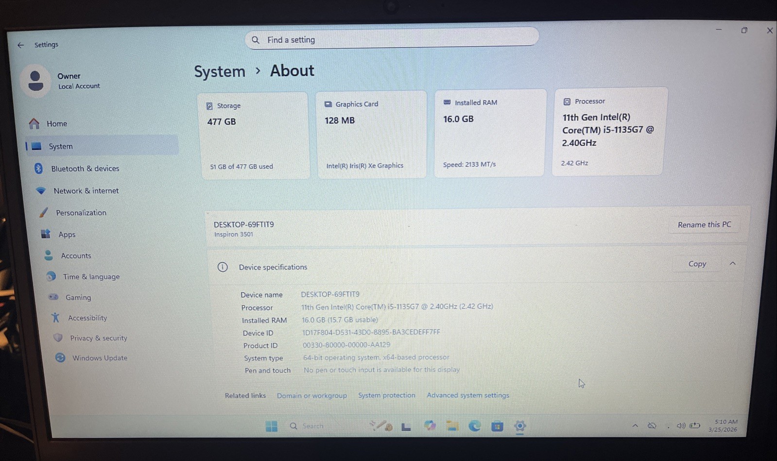 Dell Inspiron 3501 i5-1135G7@2.40GHz, 16GB RAM, 512GB M2, Win 11 Pro *READ*