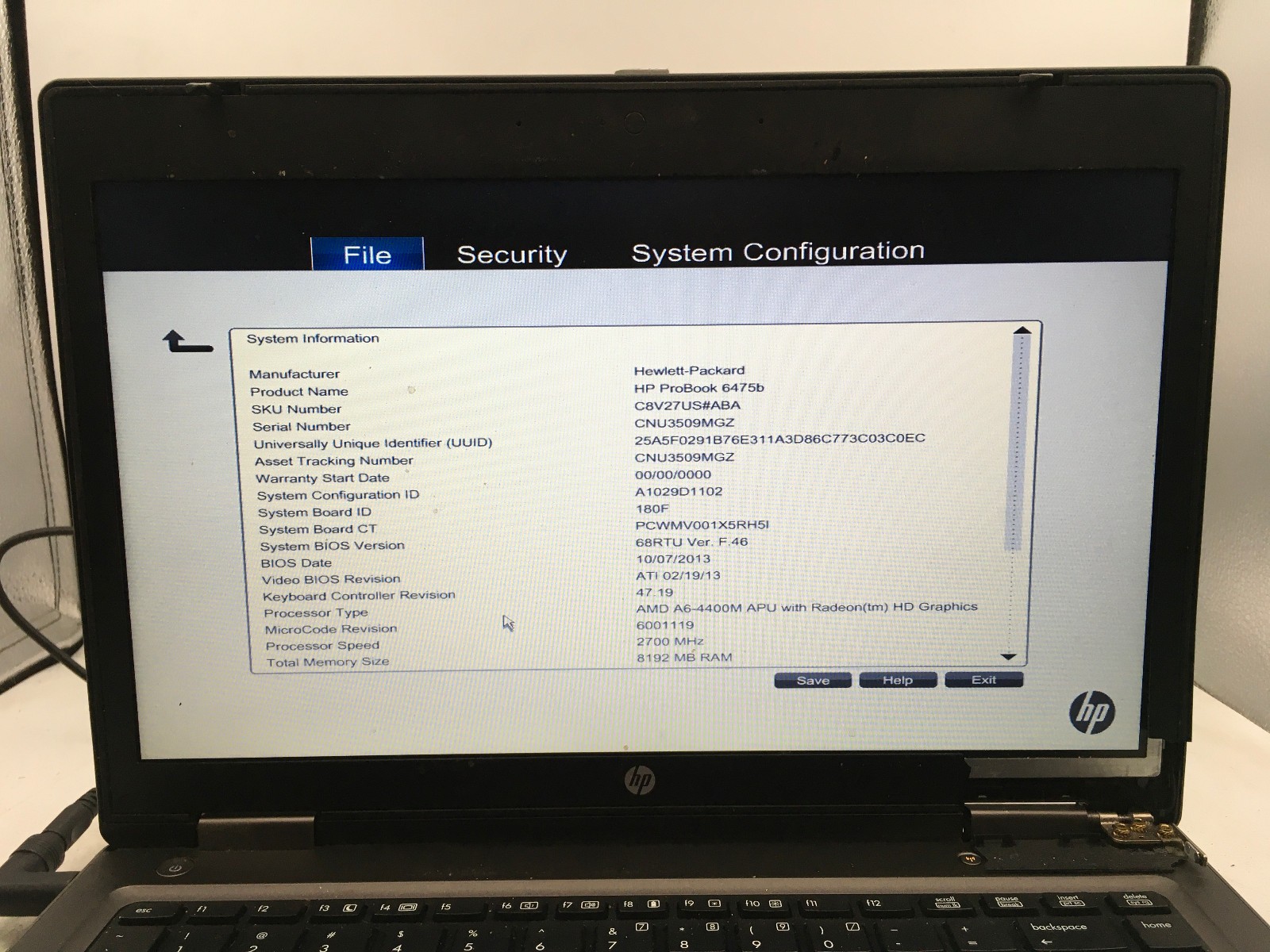 HP PROBOOK 6475B – BOOTS TO BIOS – AMD A6 4400M – NO RAM – READ DESCRIPTION -BB