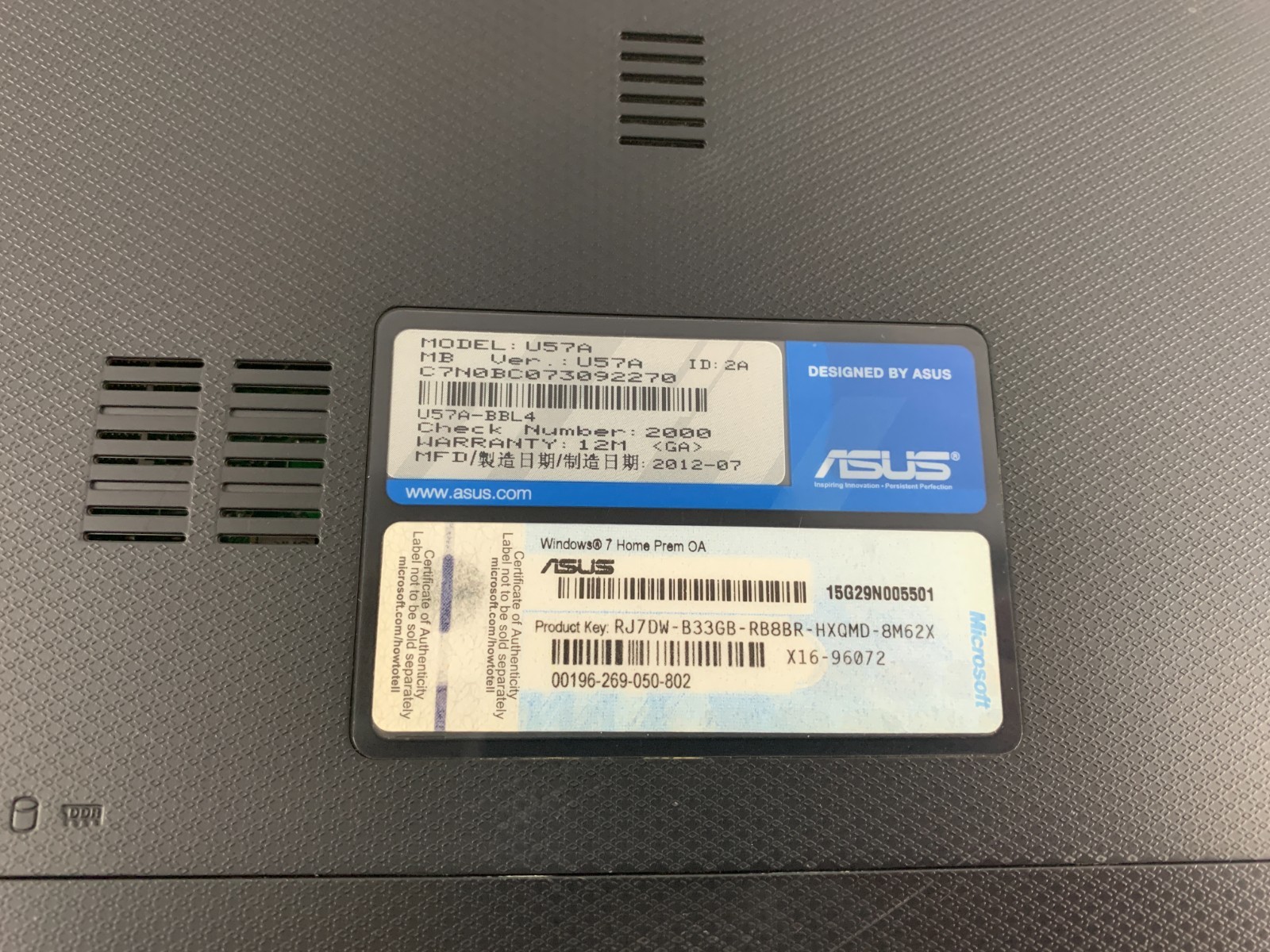 Asus U57A Laptop Intel Core i5-2450M 2.5GHz 6GB RAM 750GB HDD Win 7, New Battery