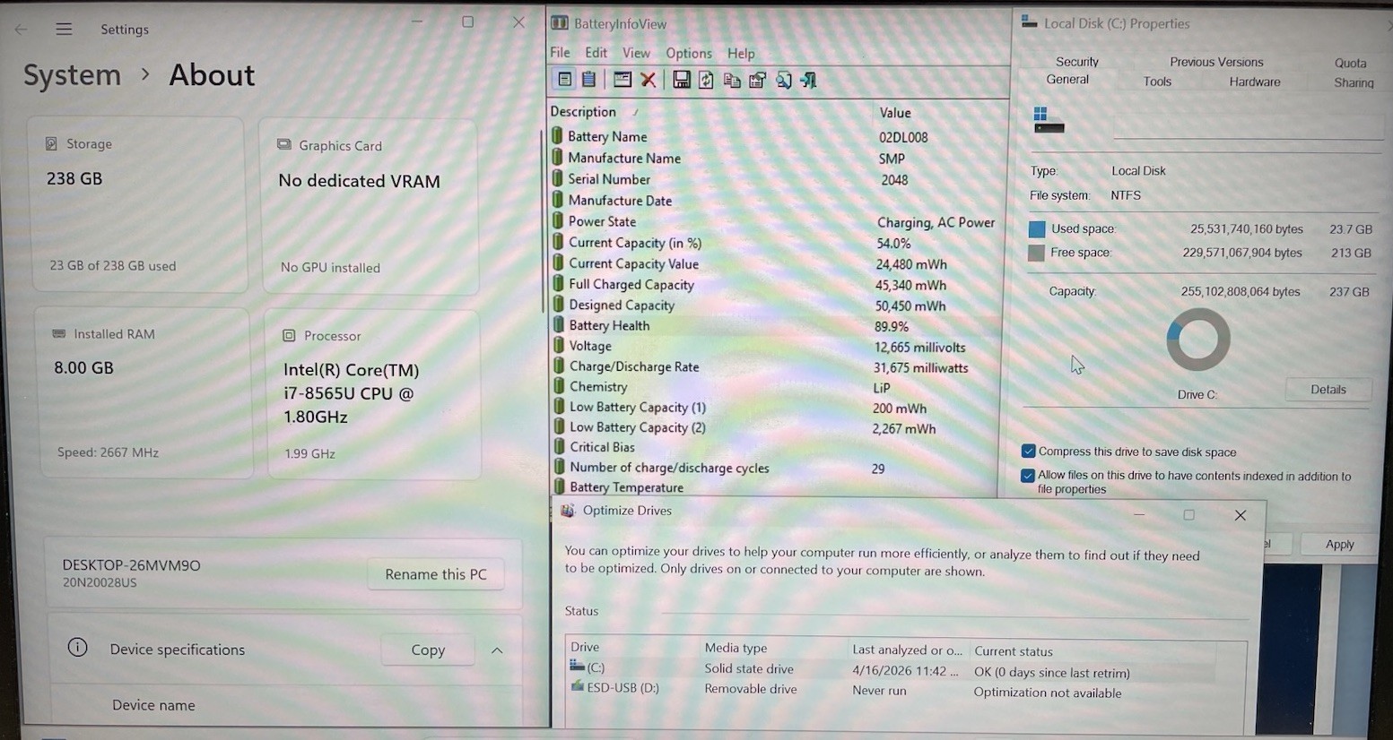 Lenovo ThinkPad T490, Intel Core i7-8565U @1.80Ghz , 8GB RAM, 256SSD, WIN 11
