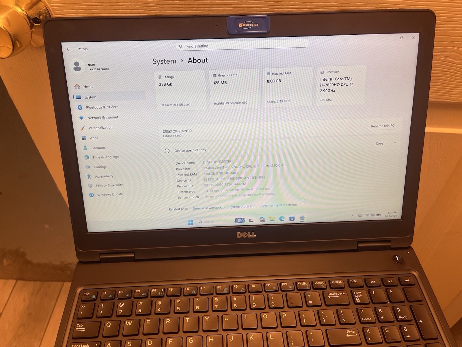 Dell 5580 2.90GHz Quad- i7 7820HQ/8GB/256GB SSD/15.6″ FHD/Webcam/BT