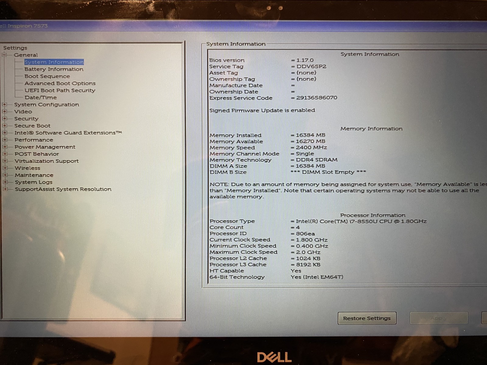 Dell Inspiron 7573 2n1 Laptop – i7-8550U @ 1.80GHz – 16GB Ram – 512 SSD (dent)