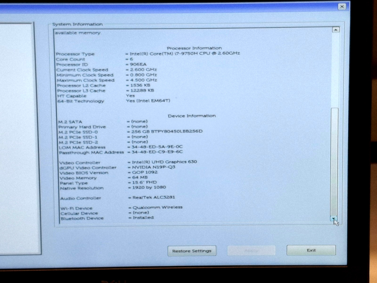 Dell Precision 7540 15.6″ Laptop Core i7-9750H 16GB RAM 256GB SSD Webcam Wifi