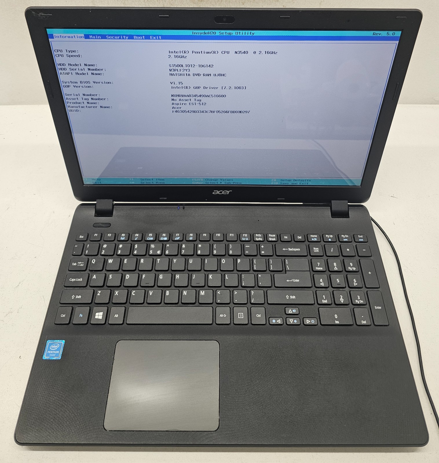 Acer Aspire ES1-512-P18H Laptop Intel Pentium N3540 4GB Ram 500 HDD NO OS (FL)