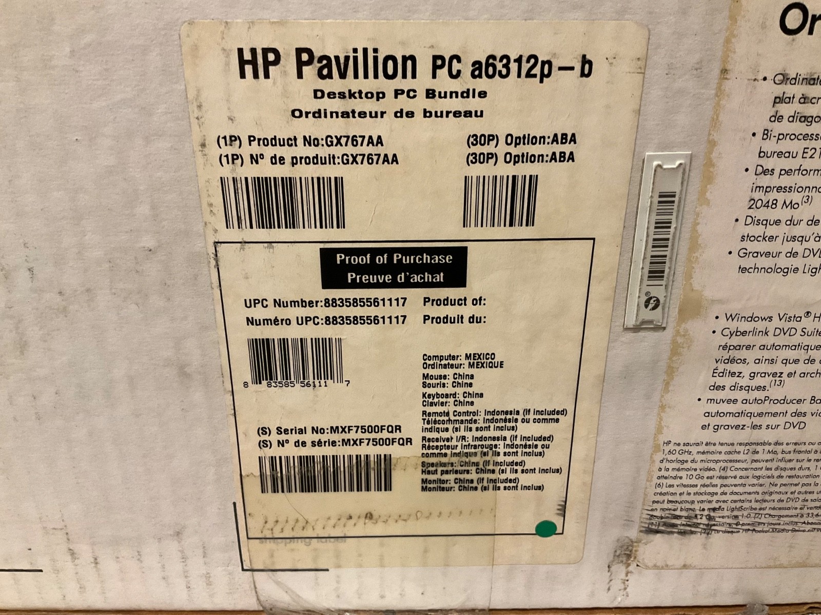 HP Pavilion a6312p-b Desktop PC Bundle BRAND NEW In Box 19″ Widescreen LCD Vista
