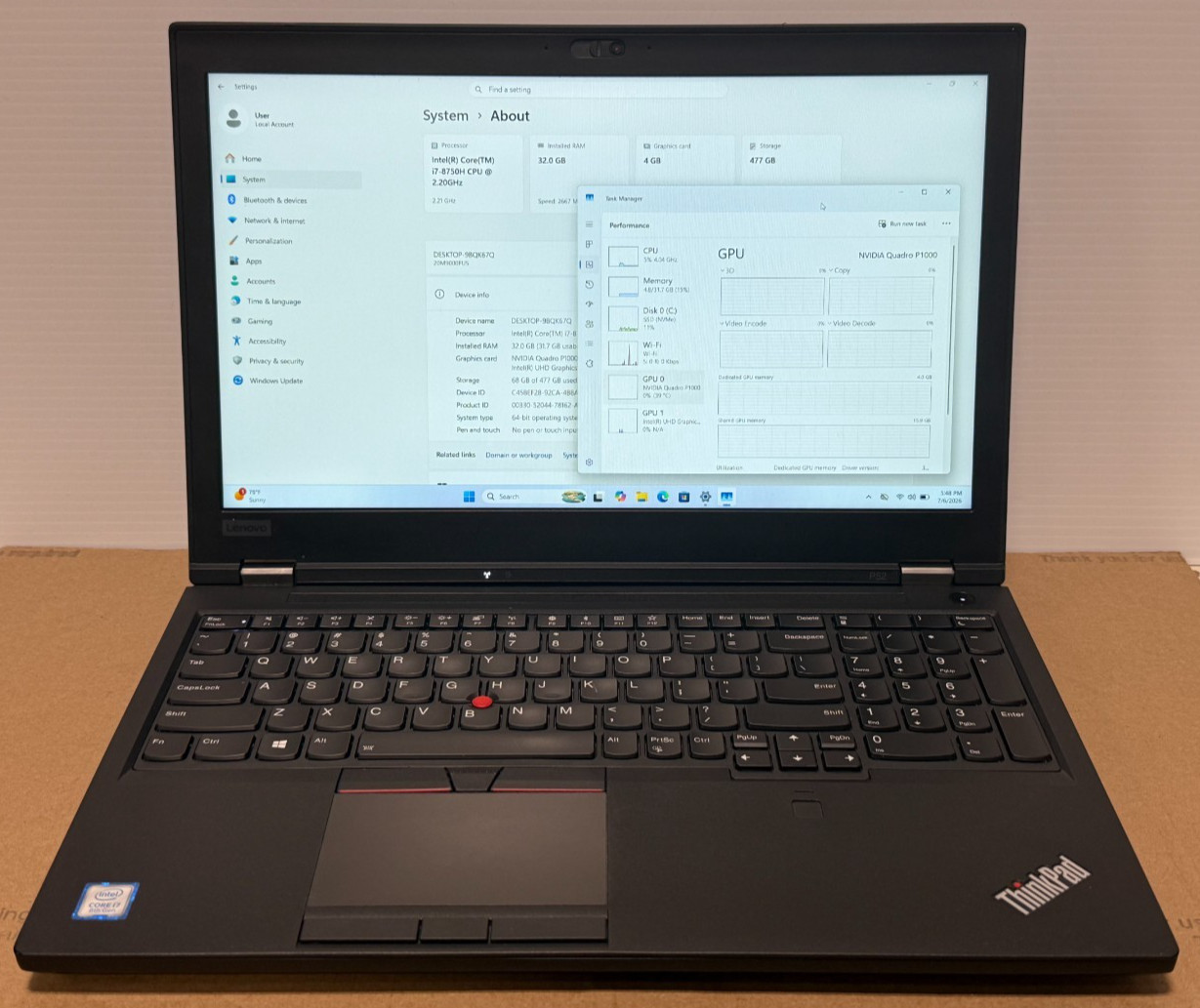 Lenovo Thinkpad P52 i7-8750H@2.2GHz 32GB Ram 512GB SSD NVMe Win 11