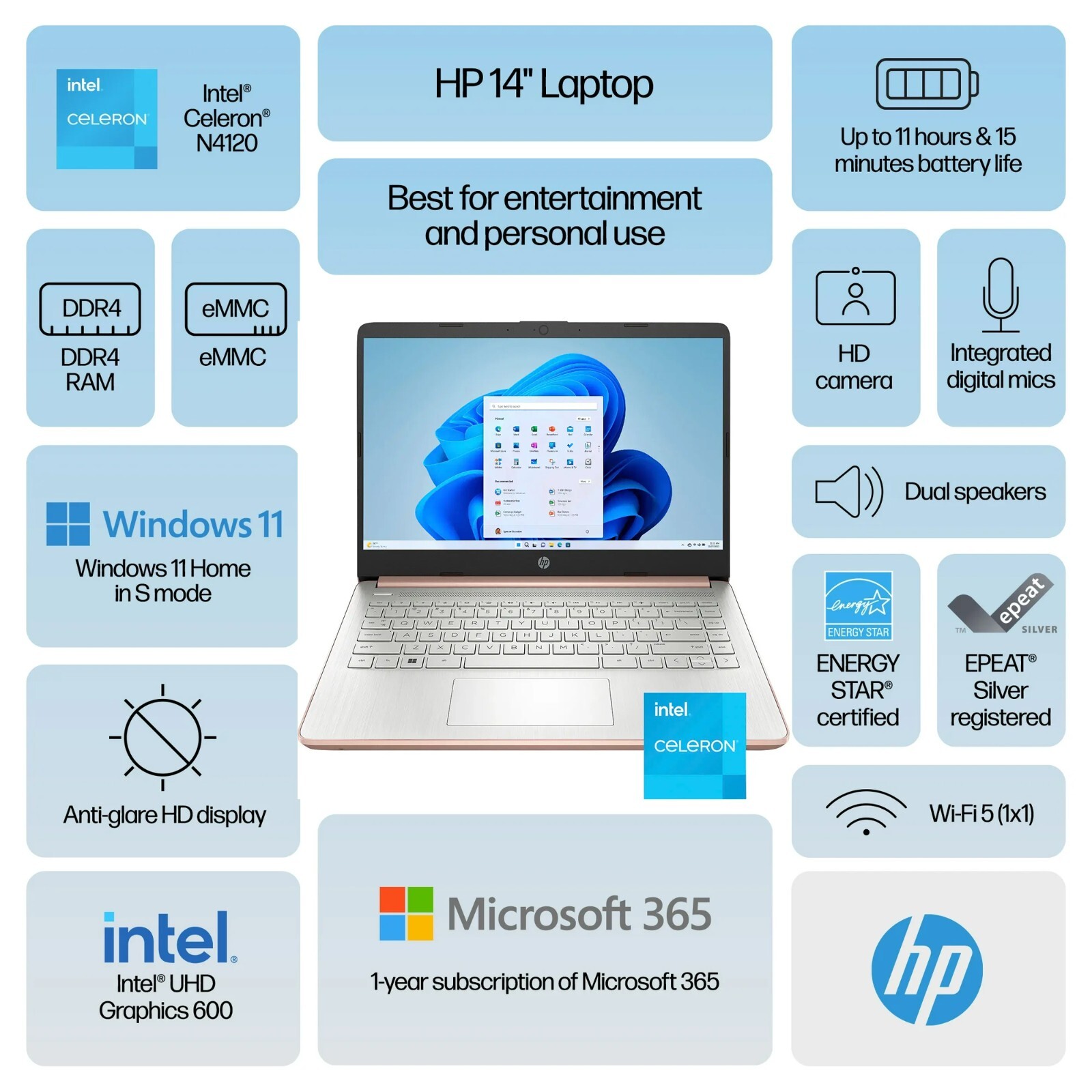 HP 2024 Newest Laptop 14″HD Intel 4-Core Up to 16GB RAM&384GB Storage Rose Gold