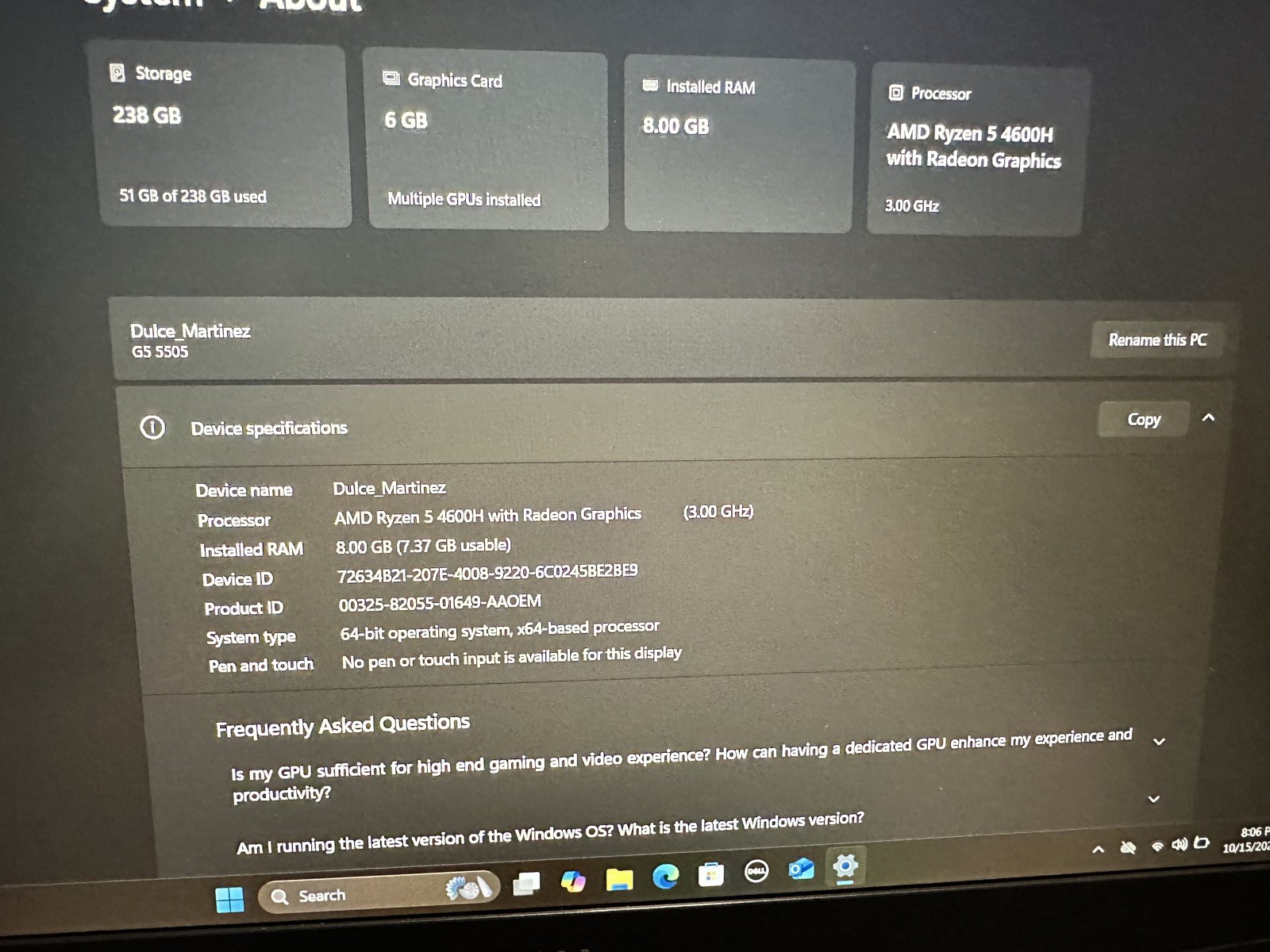 Dell G5 SE 5505 15.6″ (256GB SSD, AMD Ryzen5-4600H 3000 Mhz, 6 cores(6), 8GB)