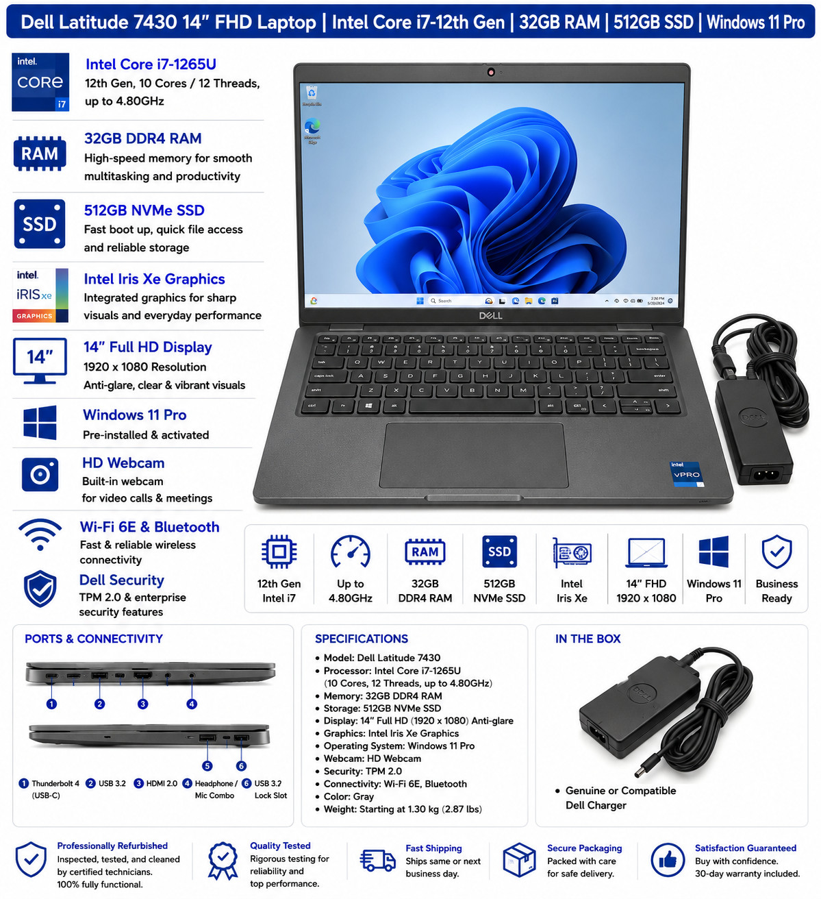Dell Latitude 7430 14″ FHD i7-1265U 32GB RAM 512GB SSD Win11 Pro