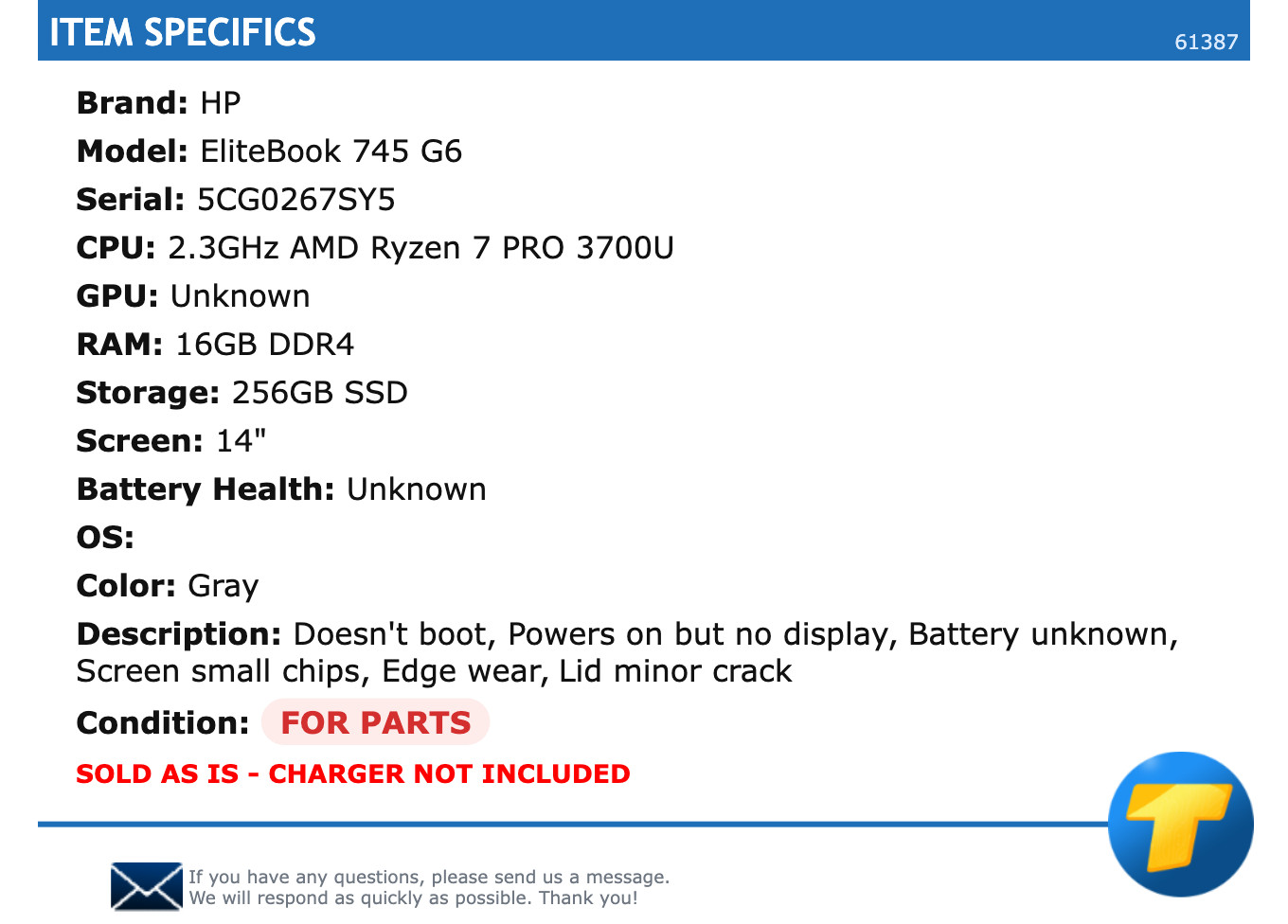 FOR PARTS: HP EliteBook 745 G6 – 14″, 2.3GHz Ryzen 7 PRO, 16GB RAM, 256GB SSD