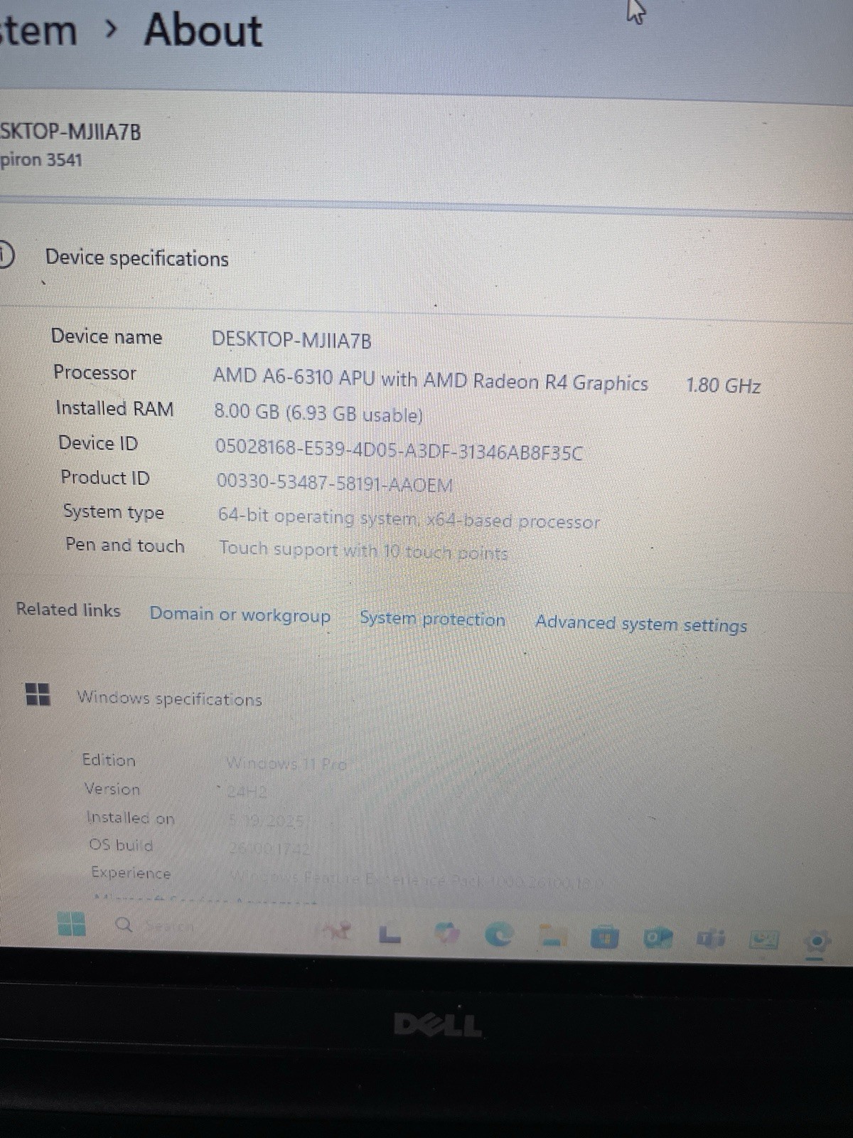 Dell Inspiron 3541,15.6” Touch Screen,Win11 Pro,8G Ram,250G SSD, AMD-A6-6310,