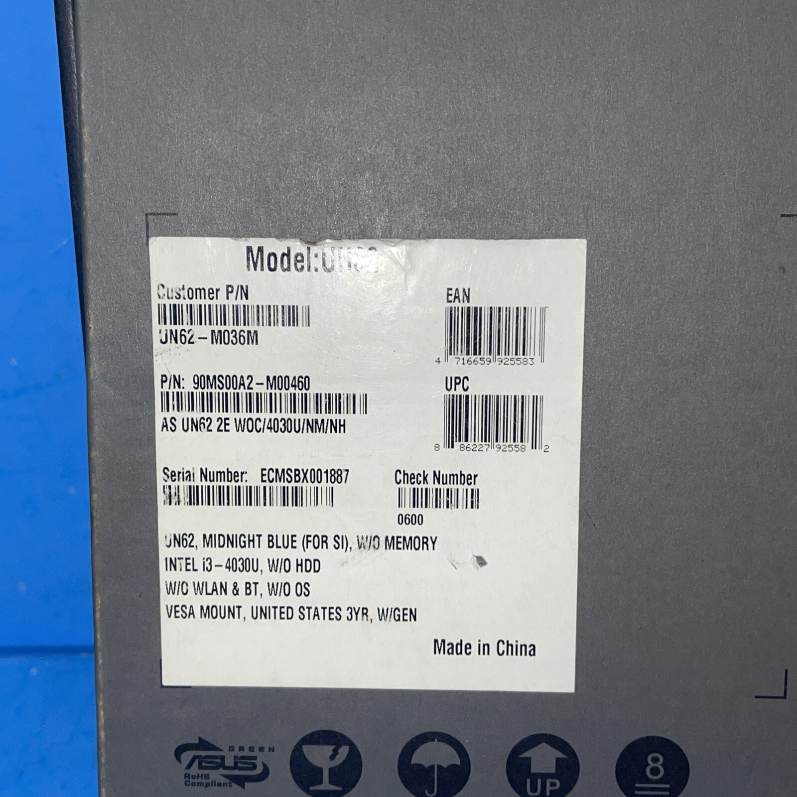 ASUS UN62 VivoMini i3-4300U 90MS00A2-M00460 /NO RAM NO HDD MINI PC