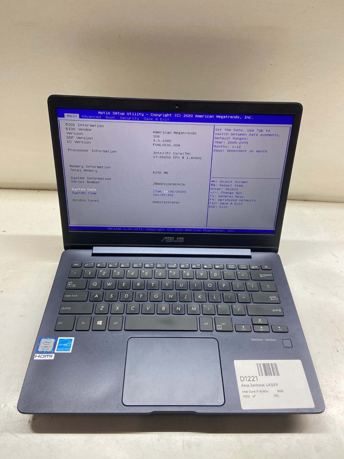 Asus Zenbook UX331F Intel Core i7-8565u 1.8GHz 8GB NO HDD