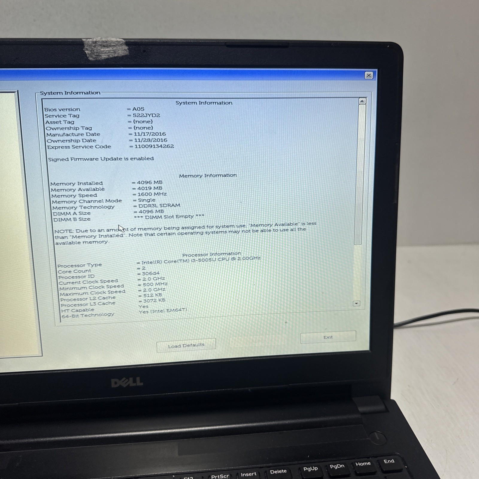 Dell Latitude 3560 15″ Laptop i3-5005u 4gb Ram No Drives Boots Bios