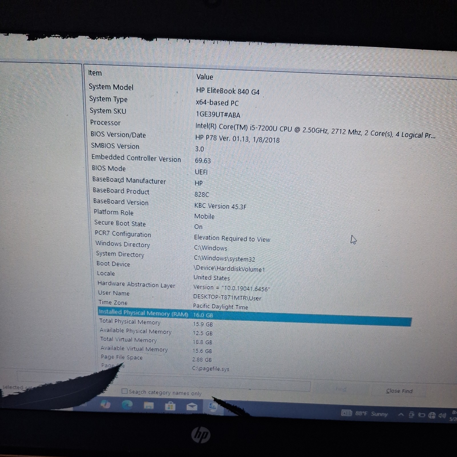 HP EliteBook 840 G4, Intel Core I5 7th Gen, 16GB RAM, 256GB SSD, For Parts