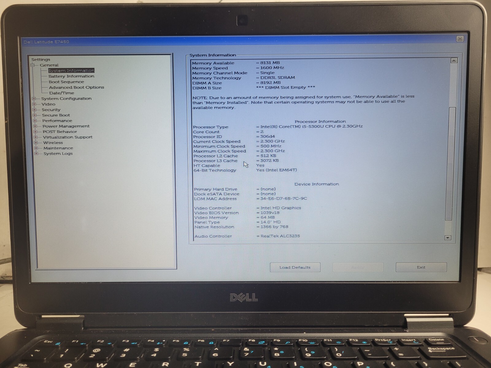 DELL LATITUDE E7450 w/i5-5300U, 8GB RAM, 14″ Laptop for Parts #2404