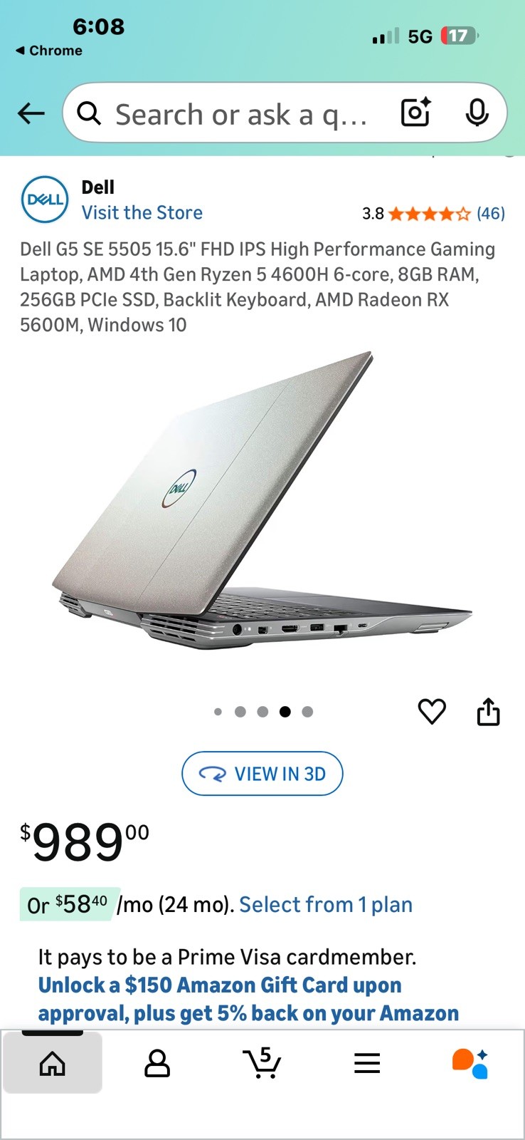 Dell G5 SE 5505 15.6″ (256GB SSD, AMD Ryzen5-4600H 3000 Mhz, 6 cores(6), 8GB)