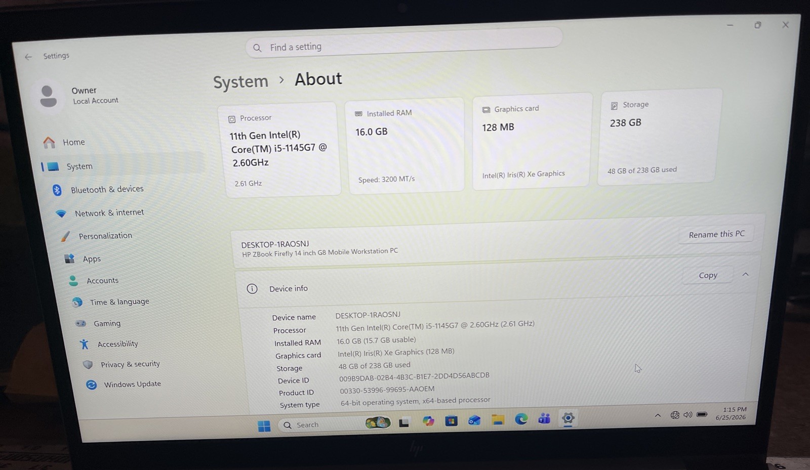 HP Z Book Firefly 14 G8 14″ i5-1145G7@2.6GHz, 16GB RAM, 256 GB M2, W11P *READ*