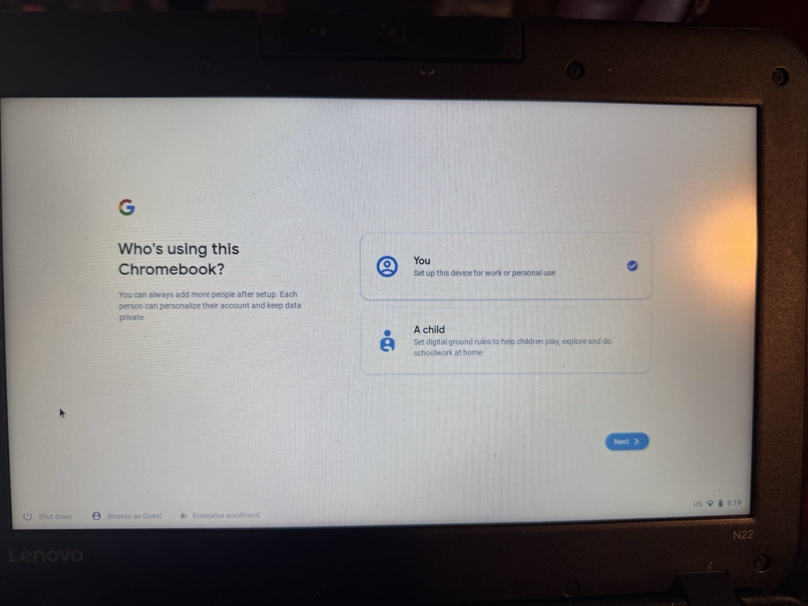 Lenovo N22-20 Chromebook With Charger “power Washed” Back To Factory Settings