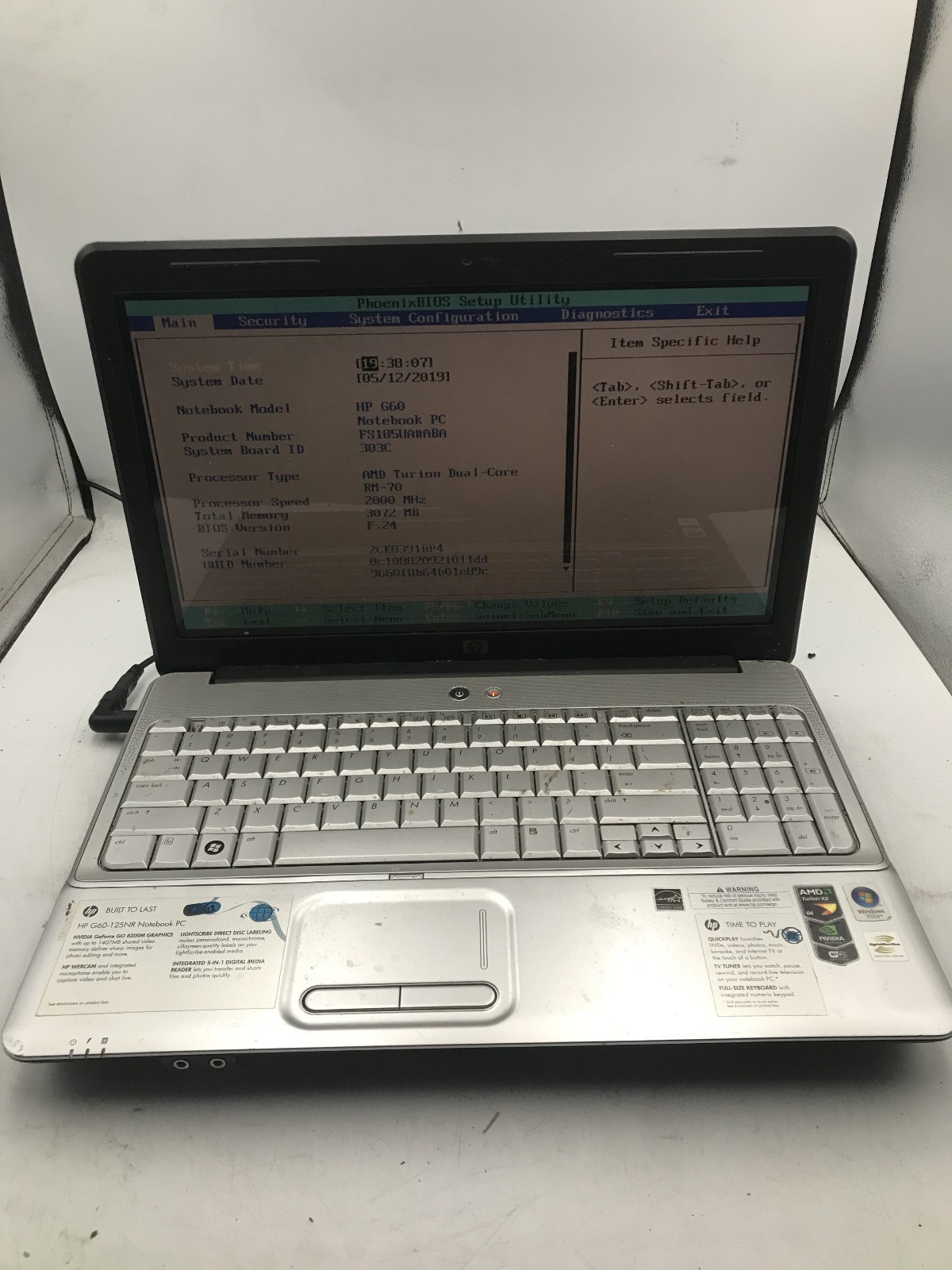 HP G60 125NR – BOOTS TO BIOS – AMD TURION DUAL CORE – 3GB RAM – READ -BB