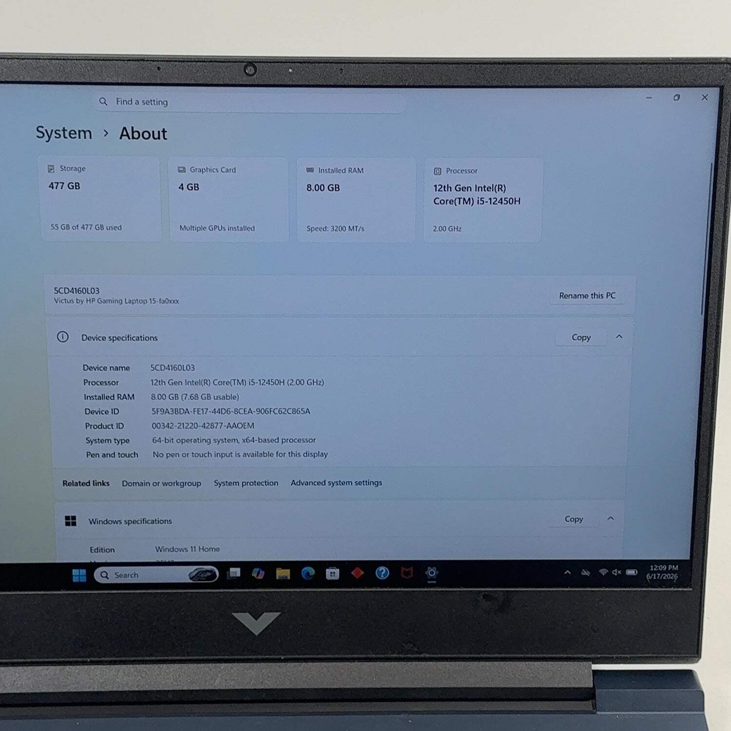 HP Victus 15-FA0033DX 15.6″ i5-12450H 2.0GHz 8GB RAM 512GB SSD GeForce RTX 3050