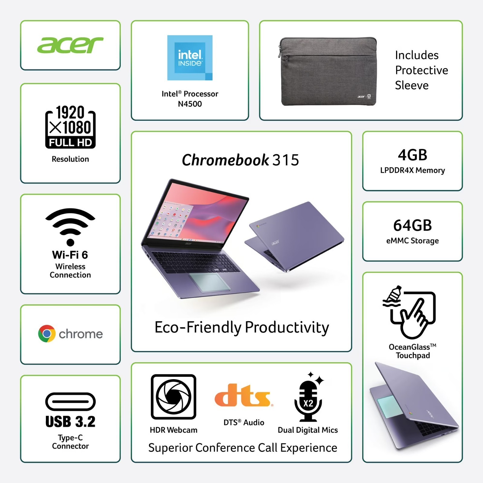 Acer 15.6″ Chromebook FHD Celeron N4500 4GB 64GB UHD✅Professional Refurbished