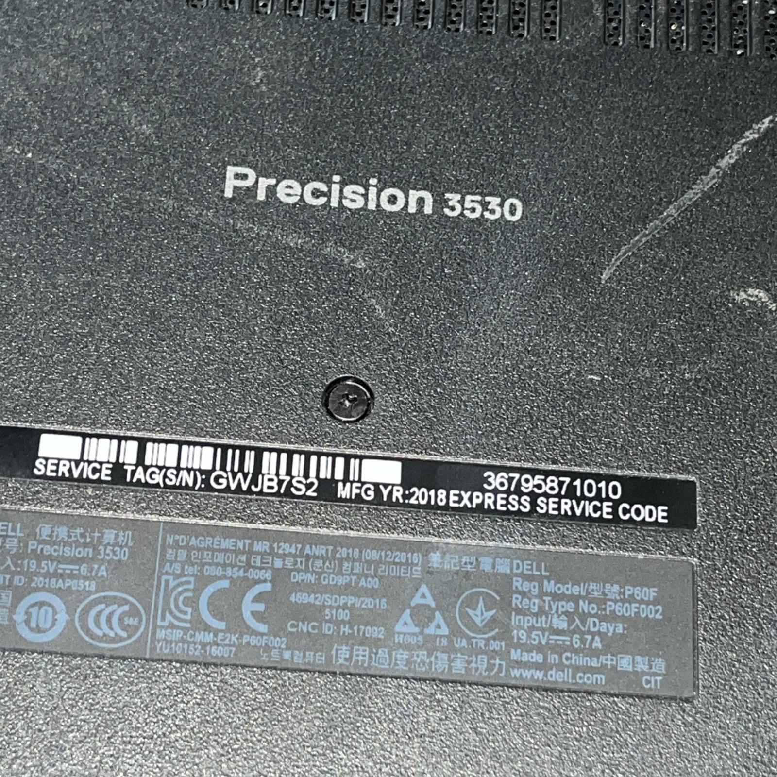 DELL PRECISION 3530 INTEL CORE I7-8850H 8GB RAM NO HD