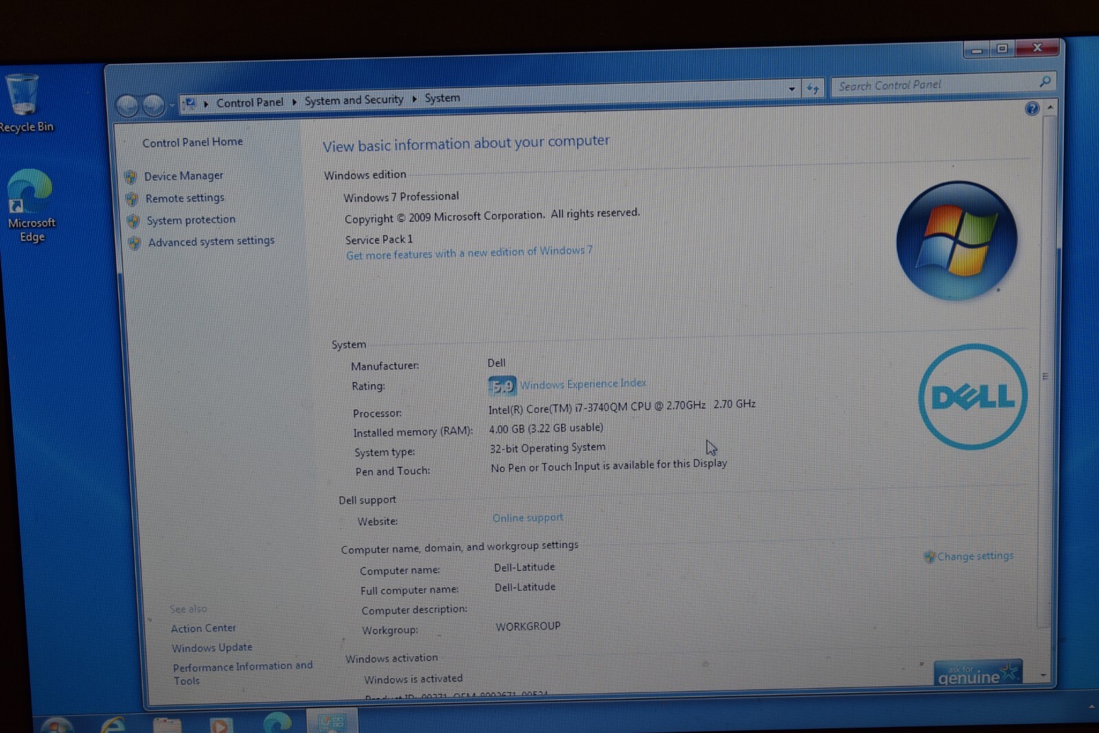 Dell Latitude E6430 Intel Core i7-3740QM 4GB RAM 320GB HDD Windows 7 Pro 32-bit